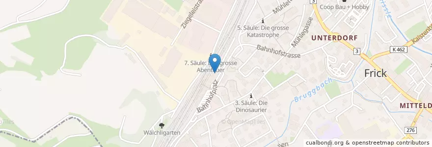 Mapa de ubicacion de Frick Bahnhof en Schweiz/Suisse/Svizzera/Svizra, Aargau, Bezirk Laufenburg, Frick.