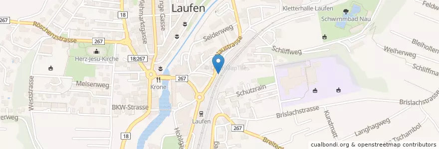 Mapa de ubicacion de Laufen Bahnhof en Schweiz/Suisse/Svizzera/Svizra, Basel-Landschaft, Bezirk Laufen, Laufen.