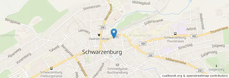 Mapa de ubicacion de Schwarzenburg Bahnhof en Zwitserland, Bern/Berne, Verwaltungsregion Bern-Mittelland, Verwaltungskreis Bern-Mittelland, Schwarzenburg.