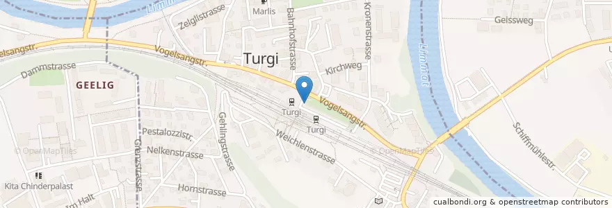 Mapa de ubicacion de Turgi Bahnhof en Suiza, Aargau, Bezirk Baden, Untersiggenthal, Turgi.