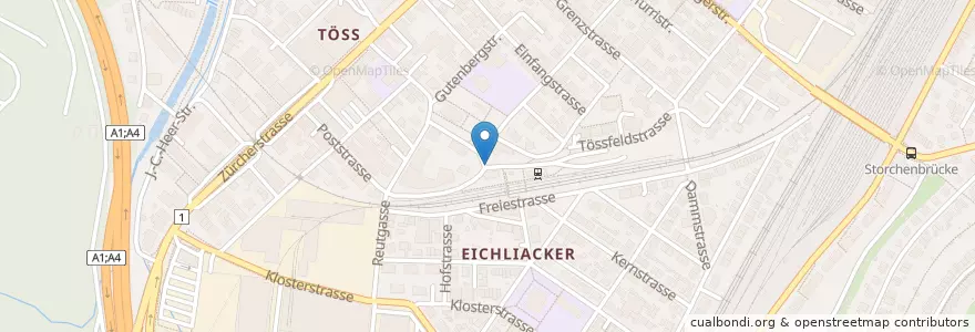 Mapa de ubicacion de Winterthur Töss Bahnhof en Switzerland, Zurich, Bezirk Winterthur, Winterthur.