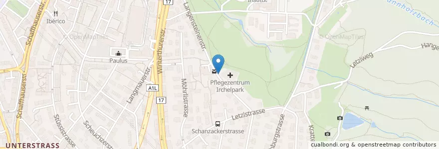 Mapa de ubicacion de Zürich Oberstrass / Pflegezentrum Irchelpark en スイス, チューリッヒ, Bezirk Zürich, Zürich.