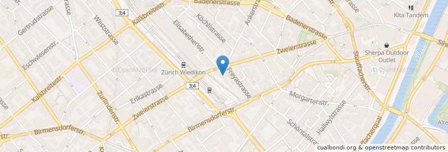 Mapa de ubicacion de Zürich Wiedikon Bahnhof en Schweiz/Suisse/Svizzera/Svizra, Zürich, Bezirk Zürich, Zürich.