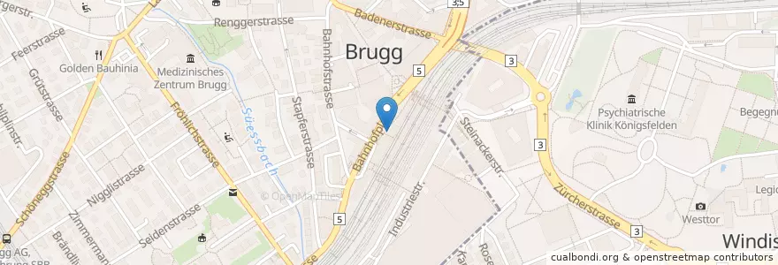 Mapa de ubicacion de Brugg Bahnhof en Zwitserland, Aargau, Bezirk Brugg, Brugg.