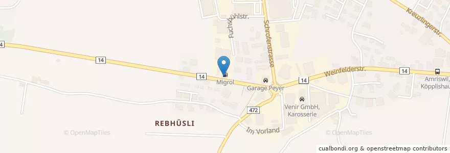 Mapa de ubicacion de Migrol Service Amriswil en Suisse, Thurgovie, Bezirk Arbon, Amriswil.
