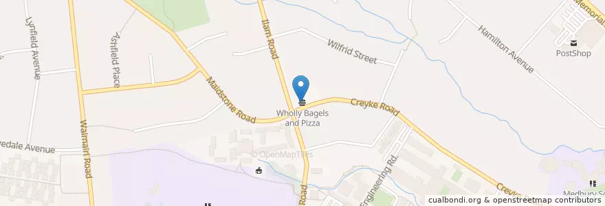 Mapa de ubicacion de Wholly Bagels and Pizza en Nuova Zelanda, Canterbury, Christchurch City, Fendalton-Waimari-Harewood Community, Halswell-Hornby-Riccarton Community.