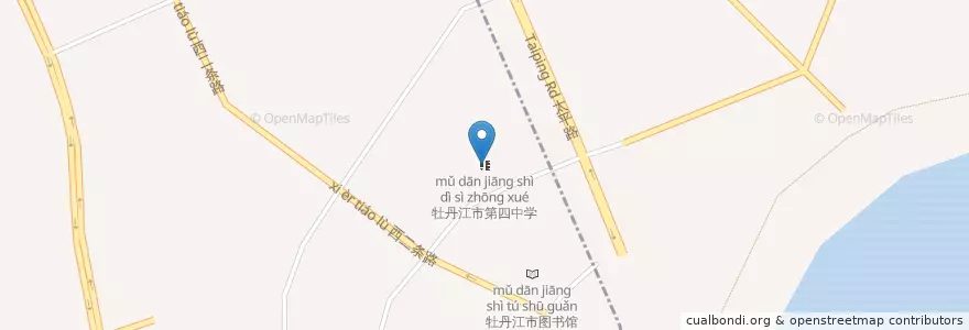 Mapa de ubicacion de 牡丹江市第四中学 en China, Heilongjiang, Mudanjiang City, Xi'an District, Dong'an District, Yanjiang Subdistrict.