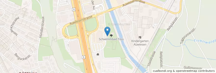 Mapa de ubicacion de Schwimmbadrestaurant Töss en Switzerland, Zürich, Bezirk Winterthur, Winterthur.