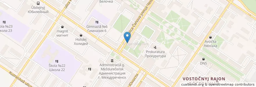 Mapa de ubicacion de Почтамт en Russia, Distretto Federale Siberiano, Кемеровская Область, Междуреченский Городской Округ.