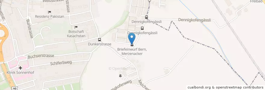 Mapa de ubicacion de Briefeinwurf Bern, Merzenacker en Schweiz/Suisse/Svizzera/Svizra, Bern/Berne, Verwaltungsregion Bern-Mittelland, Verwaltungskreis Bern-Mittelland, Bern.