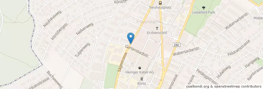 Mapa de ubicacion de Briefeinwurf Köniz, Bushaltestelle Sägestrasse en 스위스, 베른, Verwaltungsregion Bern-Mittelland, Verwaltungskreis Bern-Mittelland, Köniz.