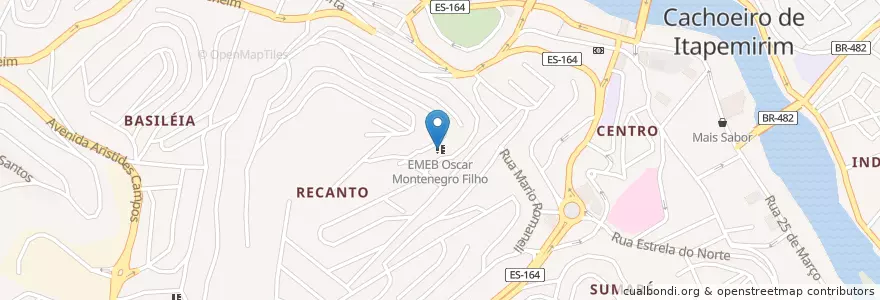 Mapa de ubicacion de EMEB Oscar Montenegro Filho en 브라질, 남동지방, 이스피리투산투, Região Geográfica Intermediária De Cachoeiro De Itapemirim, Microrregião Cachoeiro De Itapemirim, Cachoeiro De Itapemirim.