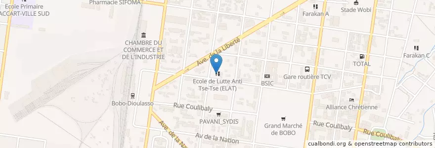 Mapa de ubicacion de Ecole de Lutte Anti Tse-Tse (ELAT) en Burkina Faso, Hauts-Bassins, Houet.