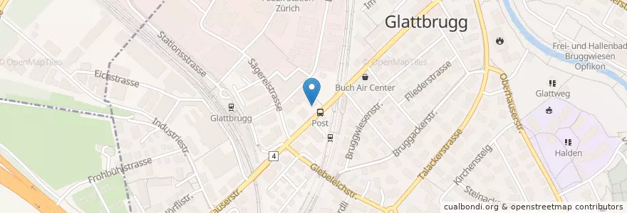 Mapa de ubicacion de Poststelle 8152 Glattbrugg en Switzerland, Zurich, Bezirk Bülach, Opfikon.