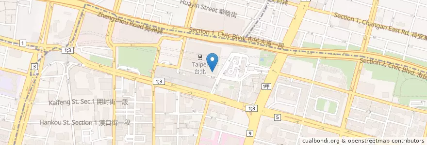 Mapa de ubicacion de 臺北火車站郵局 en تايوان, تايبيه الجديدة, تايبيه, 中正區.