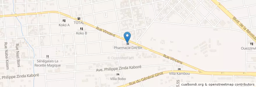 Mapa de ubicacion de Pharmacie DAFRA en ブルキナファソ, Hauts-Bassins, Houet.