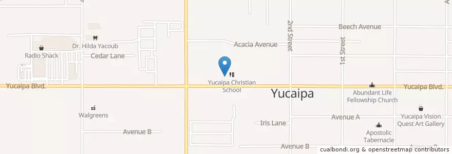 Mapa de ubicacion de First Baptist Church of Yucaipa en アメリカ合衆国, カリフォルニア州, San Bernardino County, Yucaipa.