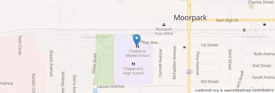 Mapa de ubicacion de Chaparral Middle School en 美利坚合众国/美利堅合眾國, 加利福尼亚州/加利福尼亞州, Ventura County, Moorpark.