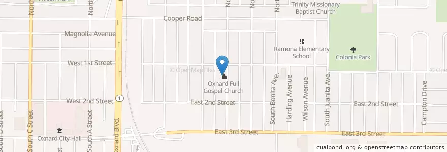 Mapa de ubicacion de Oxnard Full Gospel Church en アメリカ合衆国, カリフォルニア州, Ventura County, Oxnard.