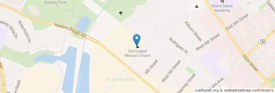 Mapa de ubicacion de Full Gospel Mission Church en アメリカ合衆国, カリフォルニア州, Santa Cruz County, Watsonville.