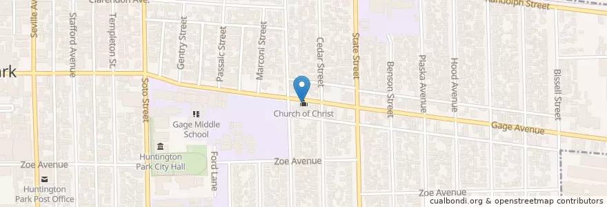 Mapa de ubicacion de Church of Christ en アメリカ合衆国, カリフォルニア州, Los Angeles County, Huntington Park.
