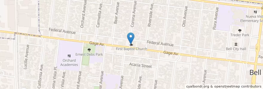 Mapa de ubicacion de First Baptist Church en Estados Unidos Da América, Califórnia, Los Angeles County, Bell.