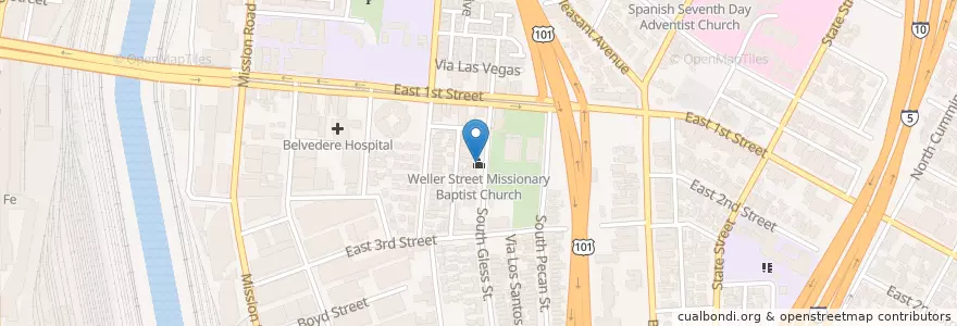 Mapa de ubicacion de Weller Street Missionary Baptist Church en الولايات المتّحدة الأمريكيّة, كاليفورنيا, مقاطعة لوس أنجلس, لوس أنجلس.
