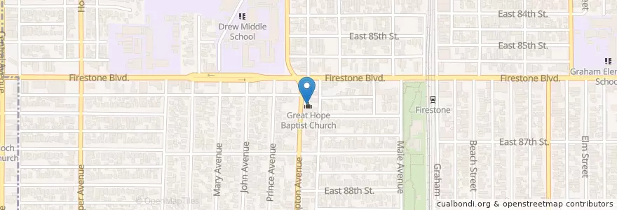 Mapa de ubicacion de Great Hope Baptist Church en 美利坚合众国/美利堅合眾國, 加利福尼亚州/加利福尼亞州, 洛杉矶县.