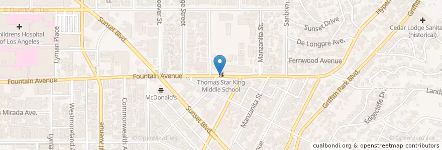 Mapa de ubicacion de Thomas Star King Middle School en アメリカ合衆国, カリフォルニア州, Los Angeles County, ロサンゼルス.