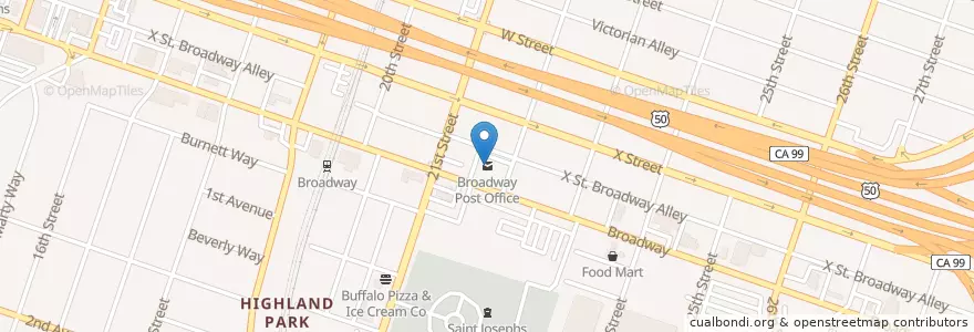 Mapa de ubicacion de Broadway Post Office en 미국, 캘리포니아주, Sacramento County, Sacramento.