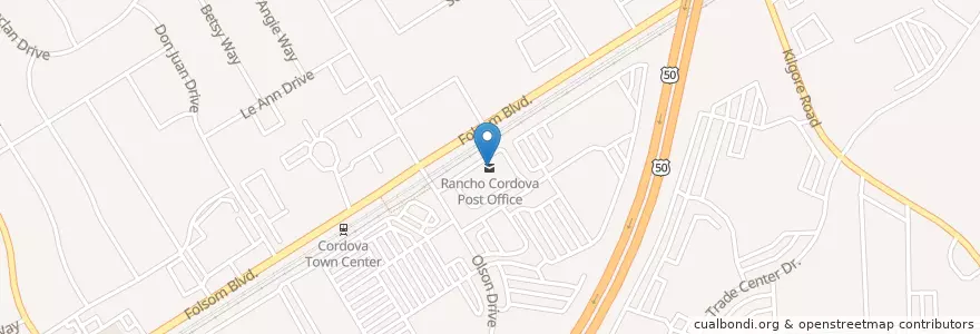Mapa de ubicacion de Rancho Cordova Post Office en 美利坚合众国/美利堅合眾國, 加利福尼亚州/加利福尼亞州, Sacramento County, Rancho Cordova.