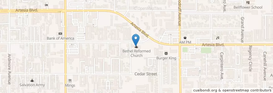 Mapa de ubicacion de Bethel Reformed Church en United States, California, Los Angeles County, Bellflower.