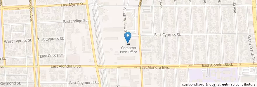 Mapa de ubicacion de Compton Post Office en アメリカ合衆国, カリフォルニア州, Los Angeles County, コンプトン.
