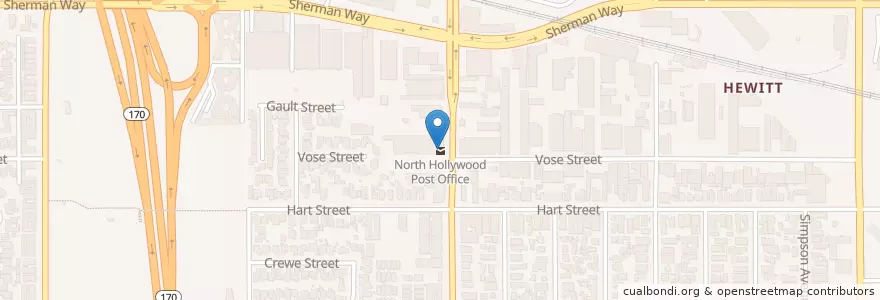 Mapa de ubicacion de North Hollywood Post Office en ایالات متحده آمریکا, کالیفرنیا, Los Angeles County, لوس آنجلس.