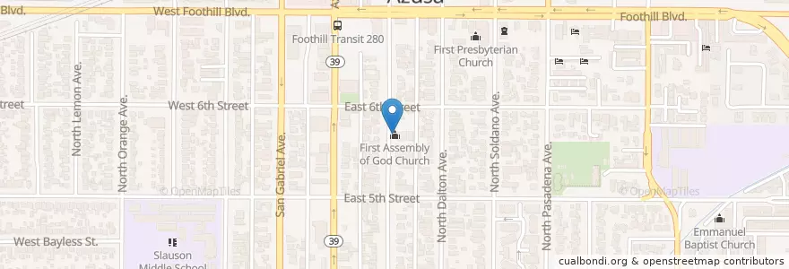 Mapa de ubicacion de First Assembly of God Church en الولايات المتّحدة الأمريكيّة, كاليفورنيا, مقاطعة لوس أنجلس, Azusa.