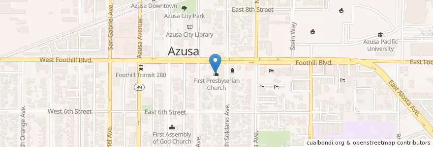 Mapa de ubicacion de First Presbyterian Church en アメリカ合衆国, カリフォルニア州, Los Angeles County, Azusa.
