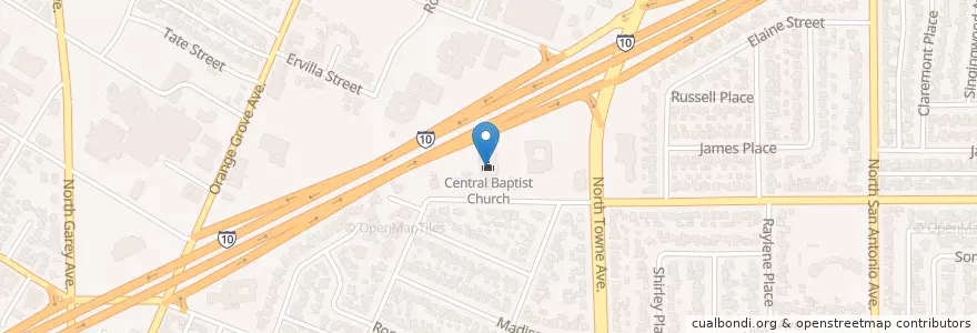 Mapa de ubicacion de Central Baptist Church en アメリカ合衆国, カリフォルニア州, Los Angeles County, Pomona.