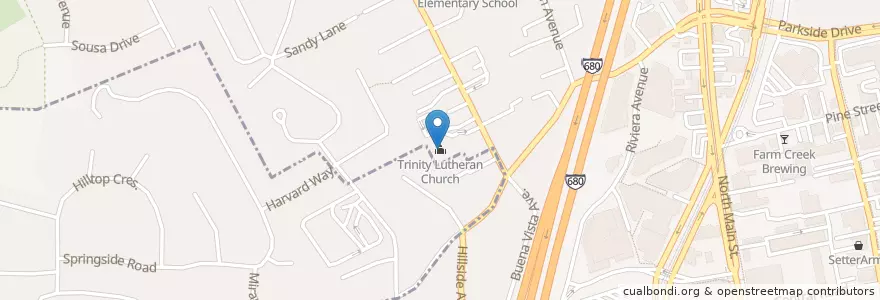 Mapa de ubicacion de Trinity Lutheran Church en 美利坚合众国/美利堅合眾國, 加利福尼亚州/加利福尼亞州, Contra Costa County.