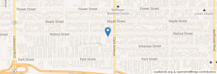 Mapa de ubicacion de First Christian Church en 미국, 캘리포니아주, Los Angeles County, Bellflower.