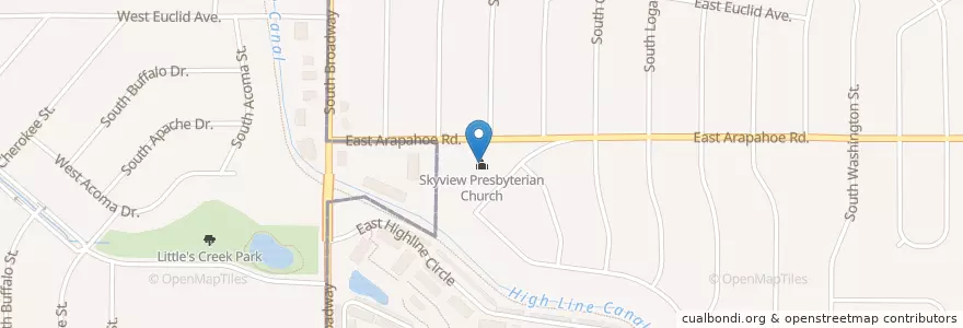 Mapa de ubicacion de Skyview Presbyterian Church en 美利坚合众国/美利堅合眾國, 科罗拉多州 / 科羅拉多州, Littleton, Arapahoe County, Centennial, 森特尼尔 (科罗拉多州).