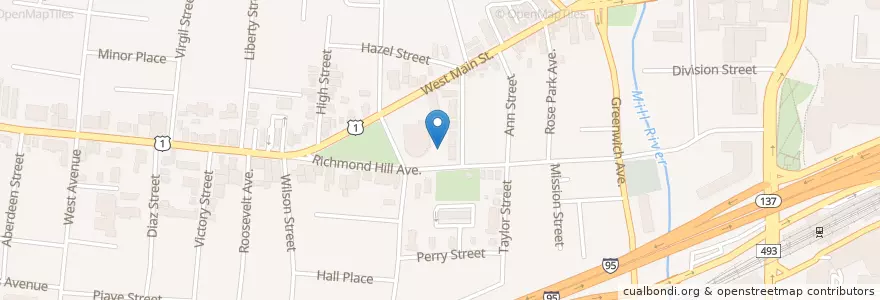 Mapa de ubicacion de Stevens School en アメリカ合衆国, コネチカット州, Fairfield County, Stamford.