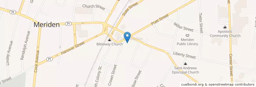 Mapa de ubicacion de Main Street Baptist Church en 미국, 코네티컷, New Haven County, Meriden.