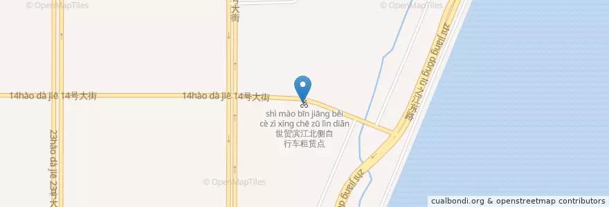 Mapa de ubicacion de 世贸滨江北侧自行车租赁点 en 中国, 浙江省, 杭州市, 钱塘新区, 白杨街道.