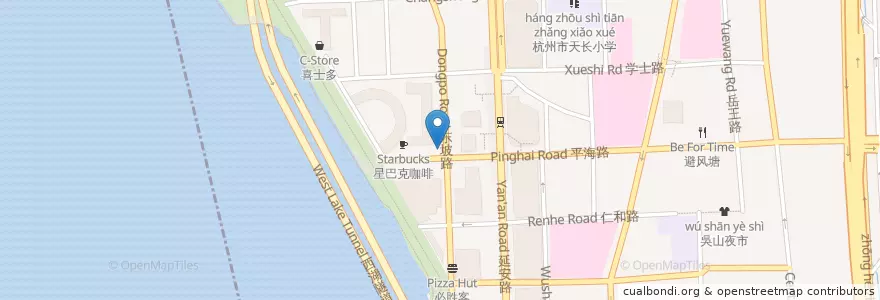 Mapa de ubicacion de 东坡路西自行车租赁点 en 中国, 浙江省, 杭州市, 上城区, 湖滨街道.
