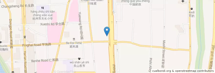 Mapa de ubicacion de 中河中路平海路自行车租赁点 en China, Zhejiang, Hangzhou, 上城区, 湖滨街道.