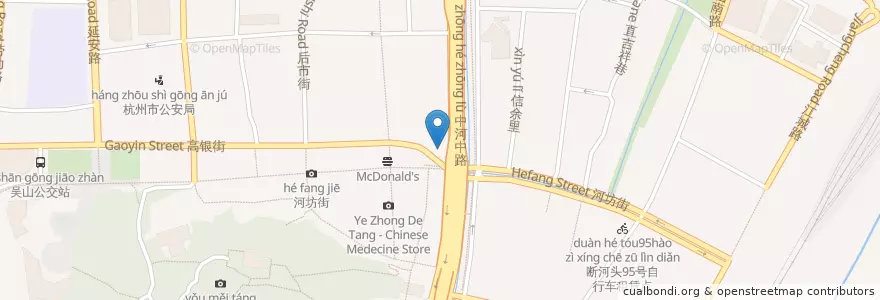 Mapa de ubicacion de 中河中路河坊街路口自行车租赁点 en 중국, 저장성, 항저우시, 상청구, 清波街道.