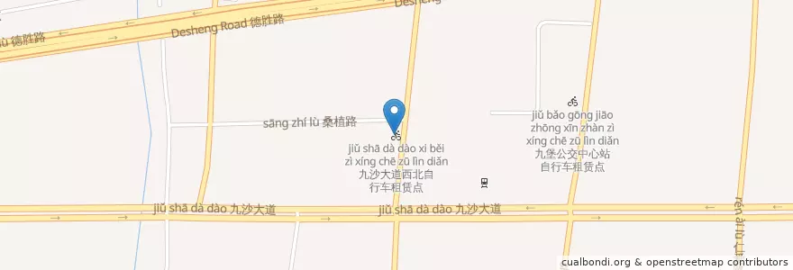 Mapa de ubicacion de 九沙大道西北自行车租赁点 en China, Zhejiang, Hangzhou, Jianggan, 九堡街道.