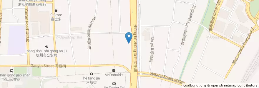 Mapa de ubicacion de 体育用品市场自行车租赁点 en 中国, 浙江省, 杭州市, 上城区, 清波街道.
