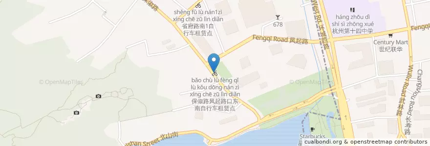 Mapa de ubicacion de 保俶路凤起路口东南自行车租赁点 en 中国, 浙江省, 杭州市, 西湖区, 北山街道.