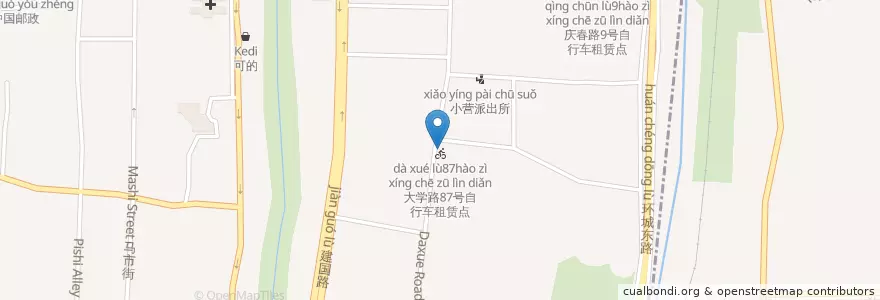 Mapa de ubicacion de 大学路87号自行车租赁点 en 中国, 浙江省, 杭州市, 上城区, 小营街道.